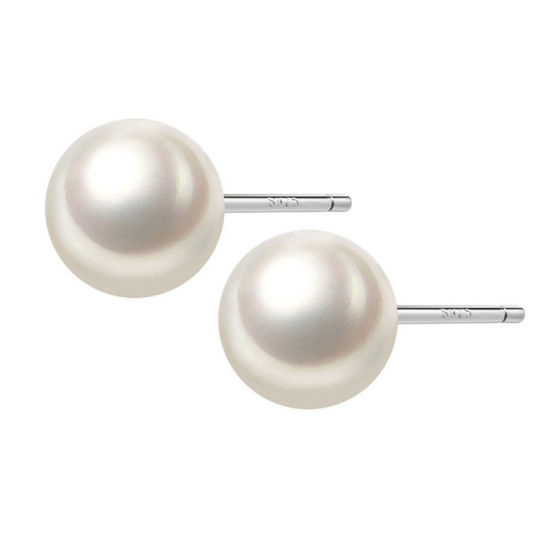 Picture of Sterling Silver Ear Post Stud Earrings Creamy-White Ball Imitation Pearl 4mm Dia., 1 Pair