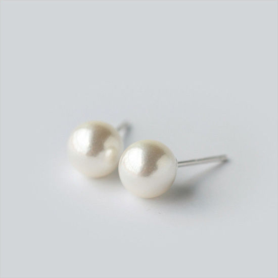 Picture of Sterling Silver Ear Post Stud Earrings Creamy-White Ball Imitation Pearl 4mm Dia., 1 Pair