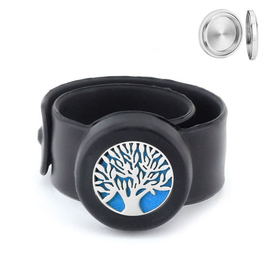 Picture of 316L Stainless Steel & Silicone Aromatherapy Essential Oil Diffuser Locket Bangles Bracelets Black Tree of Life Can Be Screwed Off 22.5cm(8 7/8") long, 1 Piece