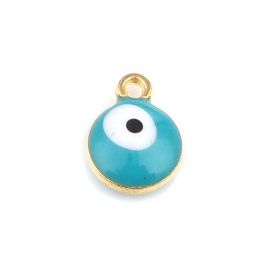 Picture of Zinc Based Alloy Religious Charms Round Gold Plated Green Blue Evil Eye 13mm x 10mm, 20 PCs