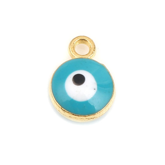 Picture of Zinc Based Alloy Religious Charms Round Gold Plated Green Blue Evil Eye 9mm x 7mm, 20 PCs