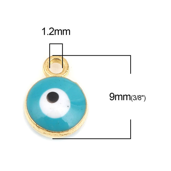 Picture of Zinc Based Alloy Religious Charms Round Gold Plated Green Blue Evil Eye 9mm x 7mm, 20 PCs