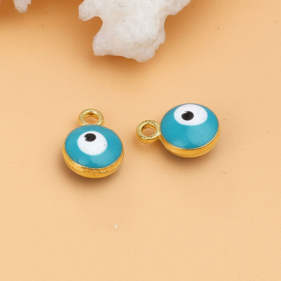 Picture of Zinc Based Alloy Religious Charms Round Gold Plated Green Blue Evil Eye 9mm x 7mm, 20 PCs