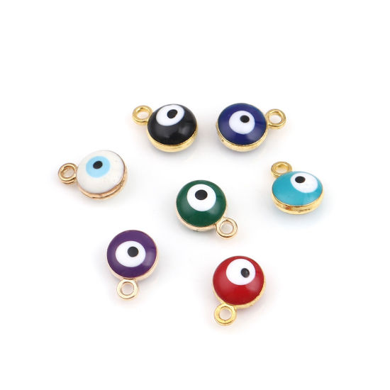 Picture of Zinc Based Alloy Religious Charms Round Gold Plated Green Blue Evil Eye 9mm x 7mm, 20 PCs