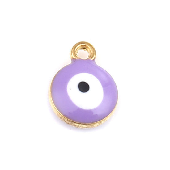 Picture of Zinc Based Alloy Religious Charms Round Gold Plated Mauve Evil Eye 13mm x 10mm, 20 PCs