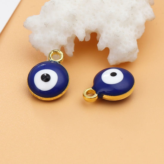 Immagine di Lega di Zinco Religione Charms Tondo Oro Placcato Blu Marino Malocchio 13mm x 10mm , 20 Pz