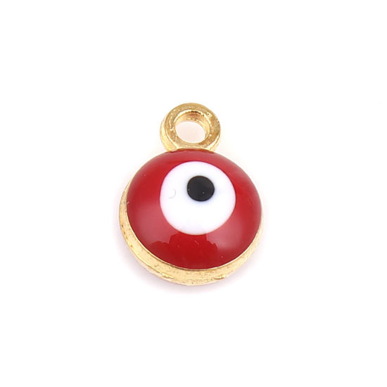 Picture of Zinc Based Alloy Religious Charms Round Gold Plated Red Evil Eye 9mm x 7mm, 20 PCs