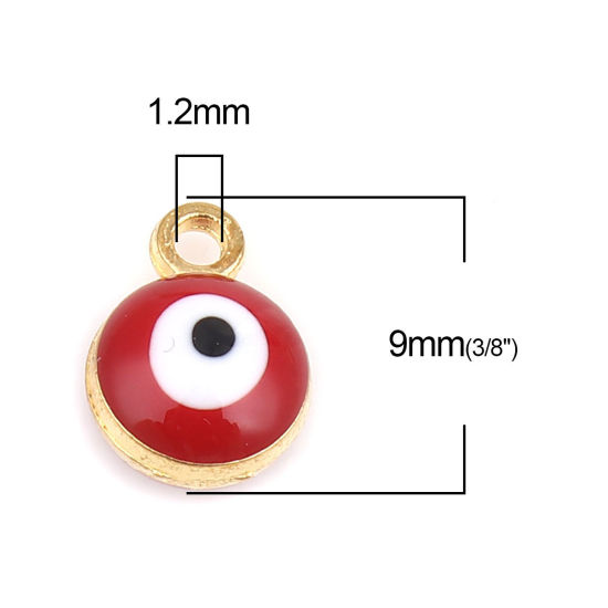 Picture of Zinc Based Alloy Religious Charms Round Gold Plated Red Evil Eye 9mm x 7mm, 20 PCs