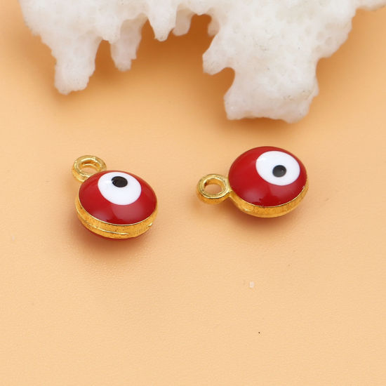 Picture of Zinc Based Alloy Religious Charms Round Gold Plated Red Evil Eye 9mm x 7mm, 20 PCs