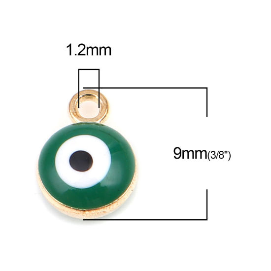 Picture of Zinc Based Alloy Religious Charms Round Gold Plated Green Evil Eye 9mm x 7mm, 20 PCs