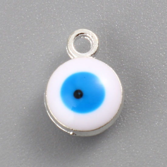 Immagine di Lega di Zinco Religione Charms Tondo Tono Argento Bianco & Verde Blu Malocchio 9mm x 7mm , 20 Pz