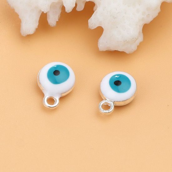 Immagine di Lega di Zinco Religione Charms Tondo Tono Argento Bianco & Verde Blu Malocchio 9mm x 7mm , 20 Pz