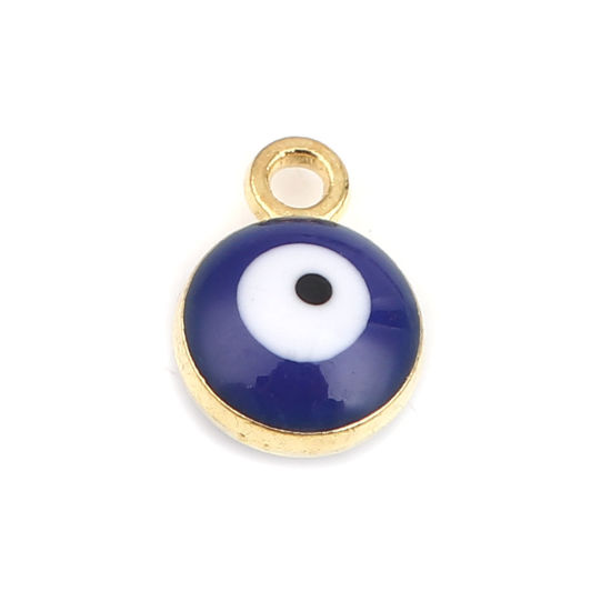 Picture of Zinc Based Alloy Religious Charms Round Gold Plated Royal Blue Evil Eye 9mm x 7mm, 20 PCs