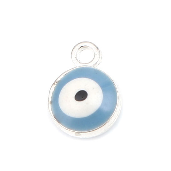 Immagine di Lega di Zinco Religione Charms Tondo Tono Argento Blu Grigio Malocchio 9mm x 7mm , 20 Pz