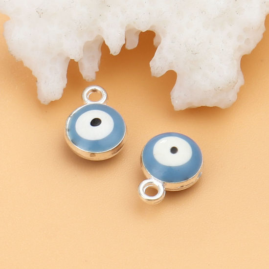 Immagine di Lega di Zinco Religione Charms Tondo Tono Argento Blu Grigio Malocchio 9mm x 7mm , 20 Pz