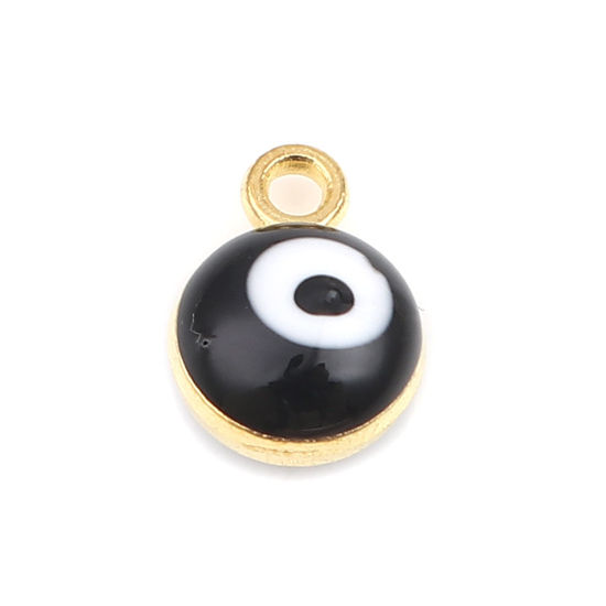 Picture of Zinc Based Alloy Religious Charms Round Gold Plated Black Evil Eye 9mm x 7mm, 20 PCs