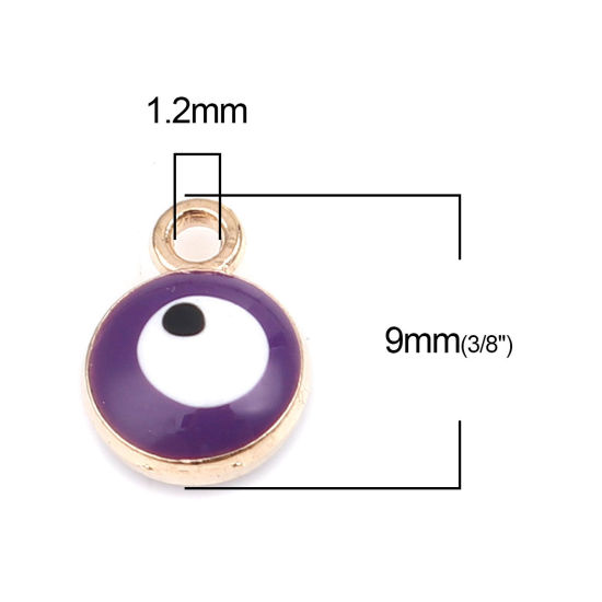 Picture of Zinc Based Alloy Religious Charms Round Gold Plated Purple Evil Eye 9mm x 7mm, 20 PCs