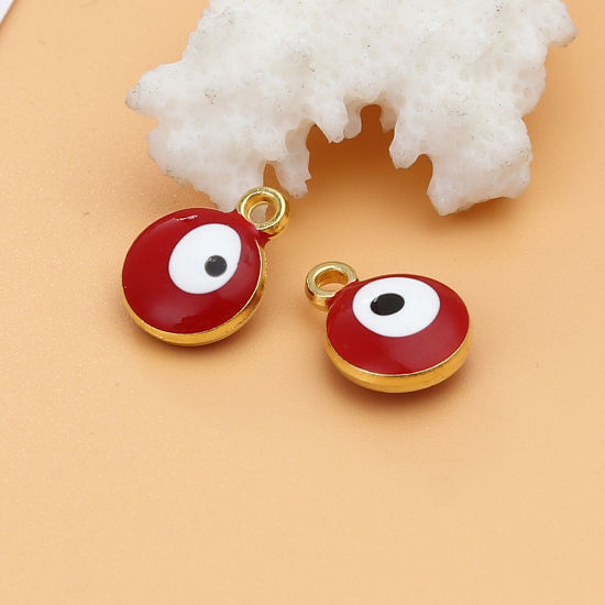 Immagine di Lega di Zinco Religione Charms Tondo Oro Placcato Rosso Malocchio 13mm x 10mm , 20 Pz