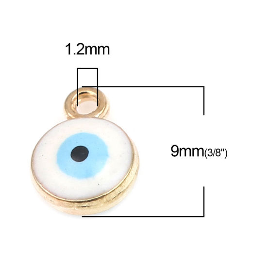 Picture of Zinc Based Alloy Religious Charms Round Gold Plated White & Blue Evil Eye 9mm x 7mm, 20 PCs