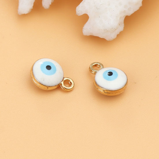 Picture of Zinc Based Alloy Religious Charms Round Gold Plated White & Blue Evil Eye 9mm x 7mm, 20 PCs