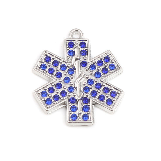 Picture of Zinc Based Alloy Religious Charms Medical Symbol Silver Tone Blue Rhinestone 29mm x 25mm, 2 PCs