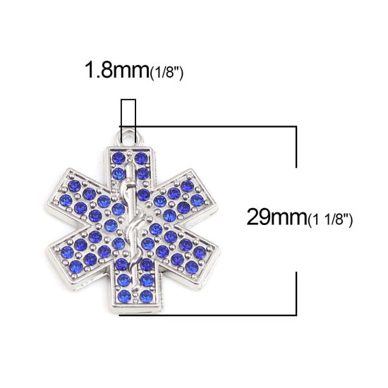 Immagine di Lega di Zinco Religione Charms Simbolo Medico Tono Argento Blu Strass 29mm x 25mm , 2 Pz
