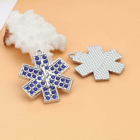 Immagine di Lega di Zinco Religione Charms Simbolo Medico Tono Argento Blu Strass 29mm x 25mm , 2 Pz