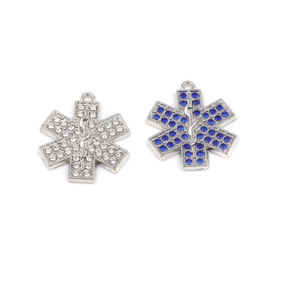 Immagine di Lega di Zinco Religione Charms Simbolo Medico Tono Argento Blu Strass 29mm x 25mm , 2 Pz
