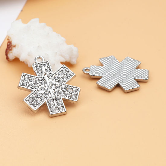 Immagine di Lega di Zinco Religione Charms Simbolo Medico Tono Argento Trasparente Strass 29mm x 25mm , 2 Pz