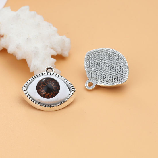 亜鉛合金 チャーム 目 銀古美 ブラウン 22mm x 20mm、 10 個 の画像