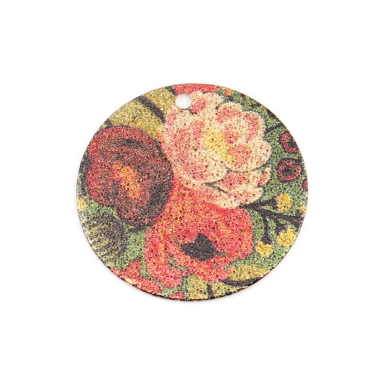 Bild von Kupfer Emailmalerei Charms Rund Vergoldet Bunt Blumen Sternenstaub 20mm D., 10 Stück