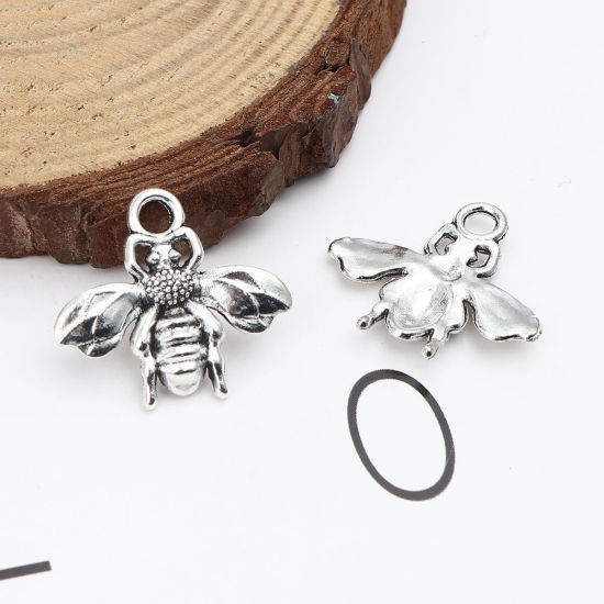 Picture of Zinc Based Alloy Insect Charms Bee Animal Antique Silver Color 22mm x 20mm, 30 PCs