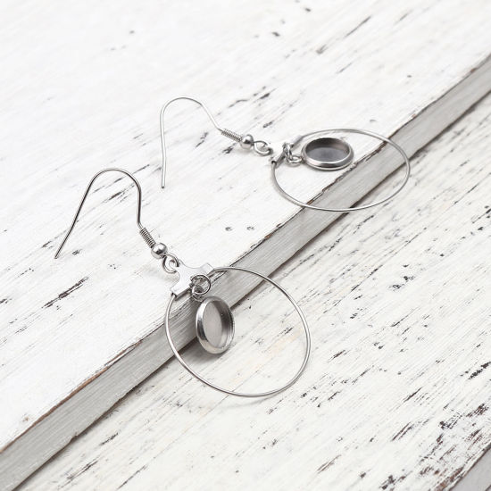 Immagine di 304 Acciaio Inossidabile Ganci per Orecchini Tondo Tono Argento Basi per Cabochon (Adatti 8mm) 49mm x 27mm, Posta / Filo Dimensione: (21 misura), 4 Pz