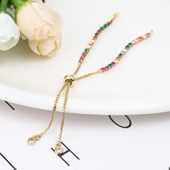 Picture of Brass Slider/Slide Extender Chain For Jewelry Necklace Bracelet Real Gold Plated Adjustable Multicolor Rhinestone 12.2cm(4 6/8") long, 1 Piece