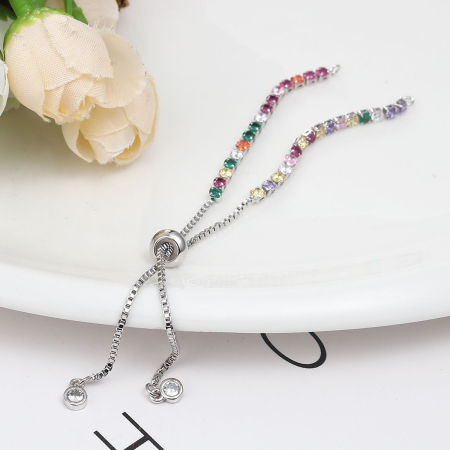 Picture of Brass Slider/Slide Extender Chain For Jewelry Necklace Bracelet Platinum Color Adjustable Multicolor Rhinestone 12.2cm(4 6/8") long, 1 Piece