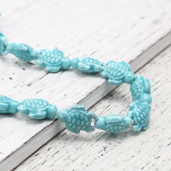 Picture of Ceramic Beads Tortoise Animal Cyan About 19mm x 15mm, Hole: Approx 2.1mm, 35cm(13 6/8") long, 1 Strand (Approx 20 PCs/Strand)