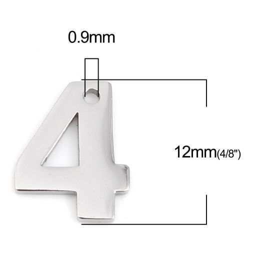 Immagine di 304 Acciaio Inossidabile Charms Numero Tono Argento Messaggio " 4 " 12mm x 9mm, 1 Pz