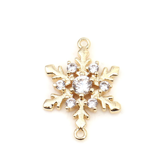 Изображение Латунь Коннекторы Рождественские снежинка 18K настоящее золото с покрытием Бижутерия усыпанная мелким фианит Прозрачный Горный хрусталь 17мм x 12мм, 50 ШТ