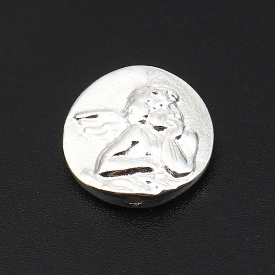 Image de Perles en Alliage de Zinc Religieux Plat-Rond Argenté Anges Gravé 14mm Dia, Trou: env. 1mm, 20 Pcs
