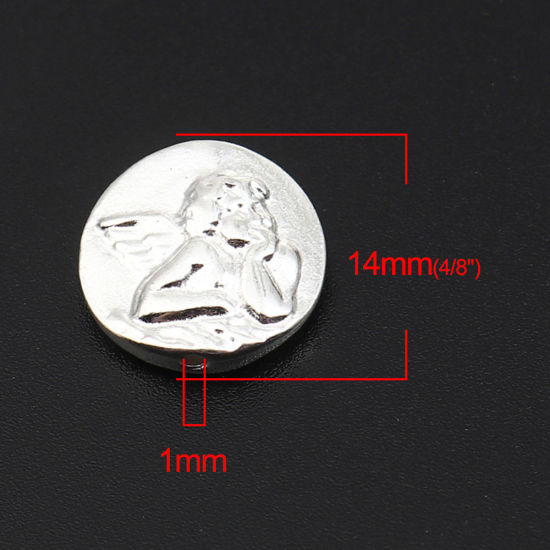 Image de Perles en Alliage de Zinc Religieux Plat-Rond Argenté Anges Gravé 14mm Dia, Trou: env. 1mm, 20 Pcs