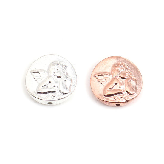 Image de Perles en Alliage de Zinc Religieux Plat-Rond Argenté Anges Gravé 14mm Dia, Trou: env. 1mm, 20 Pcs
