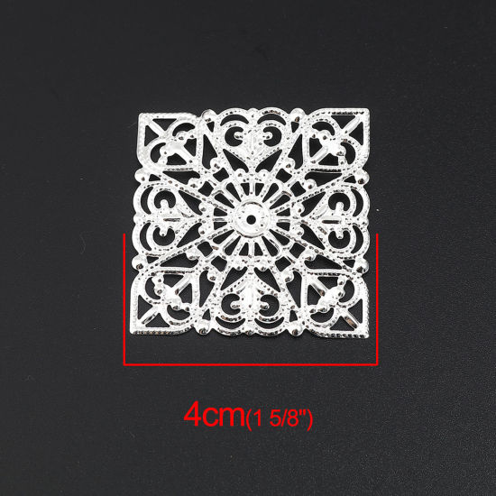 Bild von Eisenlegierung Filigran Stempel Verzierung Dom Cabochon Verzierung Quadrat Versilbert Herz 40mm x 40mm, 30 Stück