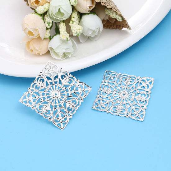 Picture of Iron Based Alloy Filigree Stamping Dome Seals Cabochon Square Silver Plated Heart 40mm x 40mm, 30 PCs