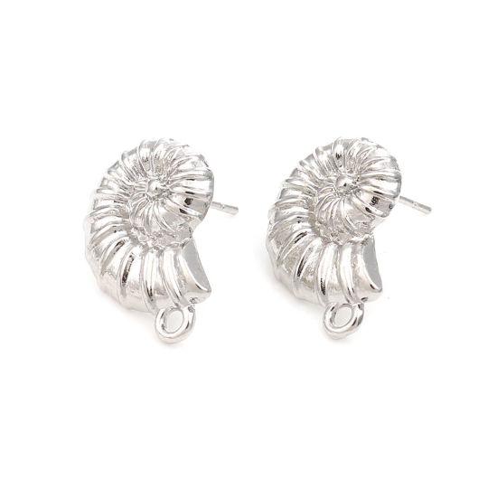 Picture of Zinc Based Alloy Ear Post Stud Earrings Findings Conch/ Sea Snail Silver Tone W/ Loop 20mm x 15mm, Post/ Wire Size: (20 gauge), 2 Pairs