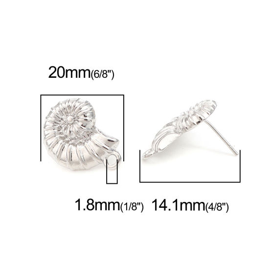 Picture of Zinc Based Alloy Ear Post Stud Earrings Findings Conch/ Sea Snail Silver Tone W/ Loop 20mm x 15mm, Post/ Wire Size: (20 gauge), 2 Pairs