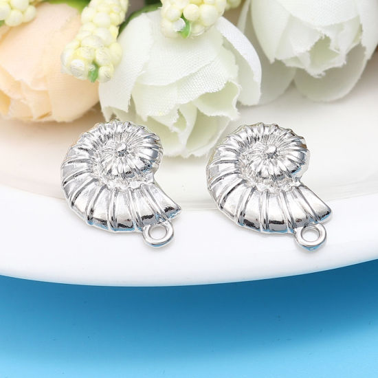 Picture of Zinc Based Alloy Ear Post Stud Earrings Findings Conch/ Sea Snail Silver Tone W/ Loop 20mm x 15mm, Post/ Wire Size: (20 gauge), 2 Pairs