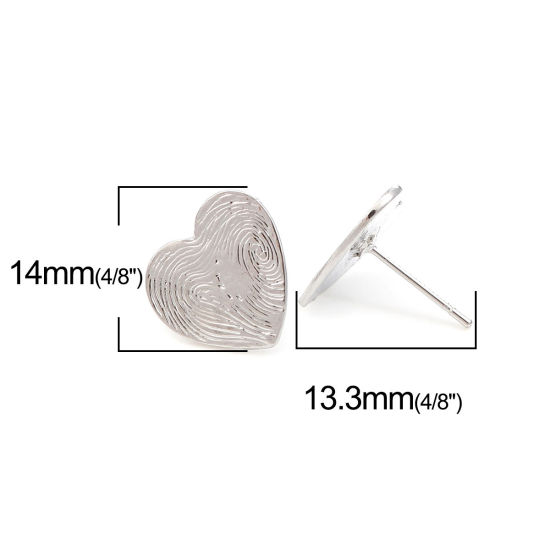 Imagen de Zamak día de San Valentín Pendientes Corazón Tono de Plata Tallado Con Tapones 14mm x 14mm, Post/ Wire: (20 gauge), 2 Pares