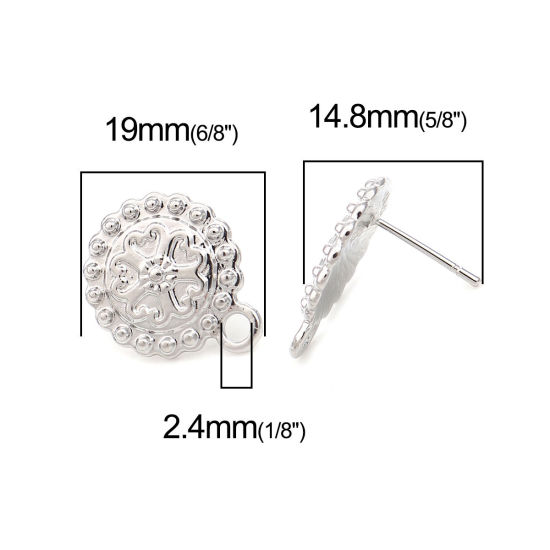 Image de Boucles d'Oreilles Puces en Alliage de Zinc Rond Argent Mat Fleurs avec Boucle 19mm x 16mm, Epaisseur de Fil: (20 gauge), 2 Paires
