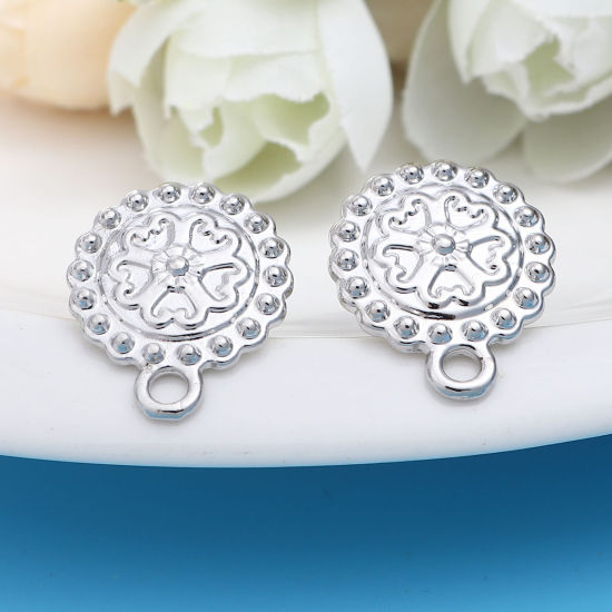Image de Boucles d'Oreilles Puces en Alliage de Zinc Rond Argent Mat Fleurs avec Boucle 19mm x 16mm, Epaisseur de Fil: (20 gauge), 2 Paires