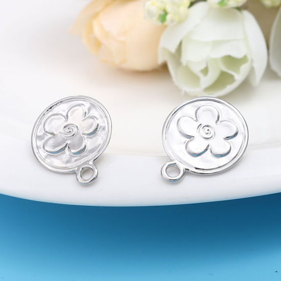 Immagine di Lega di Zinco Orecchini a Perno Tappi di Orecchini Tondo Tono Argento Fiore Disegno W/ Loop 19mm x 16mm, Diametro Filo: (20 misura), 2 Paia